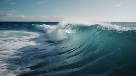 Blue ocean wave with white foam and blue sky. 3d renderingの素材