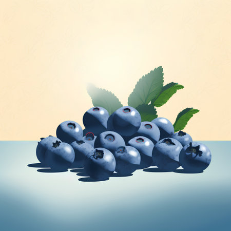 Blueberries with leaves on a blue background. Vector illustration for your design.の素材