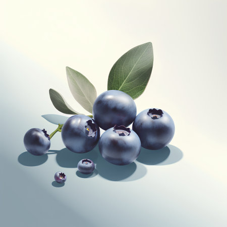 Blueberries with leaves on a white background. 3d illustration.の素材
