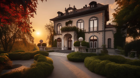 Beautiful old house in the park at sunset, 3d renderの素材