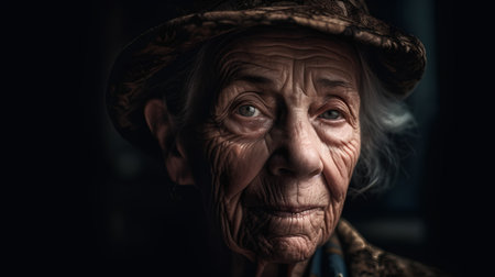 Portrait of an elderly woman in a hat. Toned.の素材