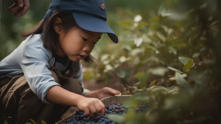 Little asian girl picking blueberries in the vineyard, selective focusの素材