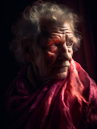 Portrait of an elderly woman on a black background. Toned.の素材
