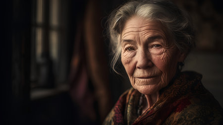 Portrait of an old woman with a sad expression on her face.の素材