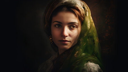 Portrait of a beautiful woman with green veil over dark background.の素材