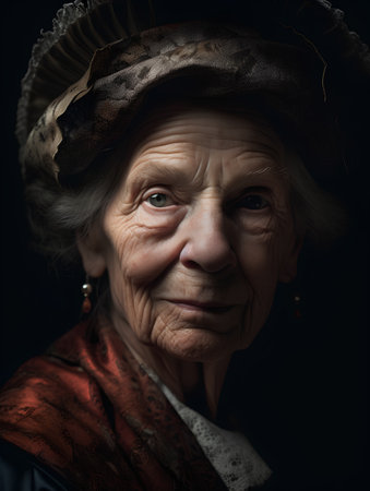 Portrait of an elderly woman in a hat on a black backgroundの素材
