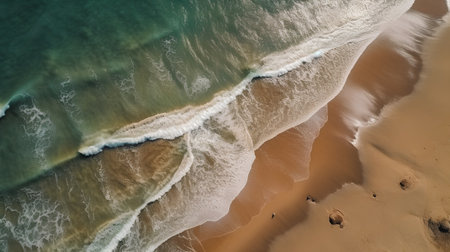 Aerial view of a sandy beach and waves in the ocean.の素材