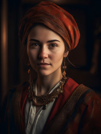 Portrait of a beautiful woman in a turban on her headの素材