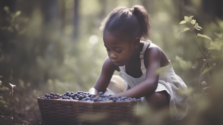 Little girl picking blueberries in the forest, shallow depth of fieldの素材