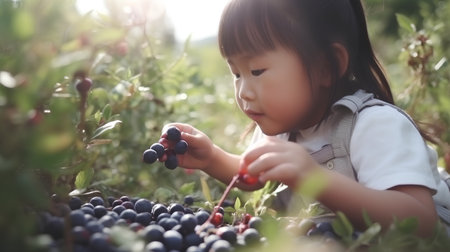 Little asian girl picking fresh blueberries in the field, selective focusの素材