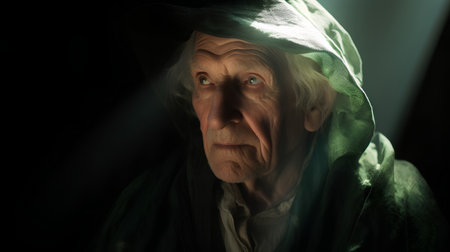 Portrait of an elderly man in a green raincoat at nightの素材