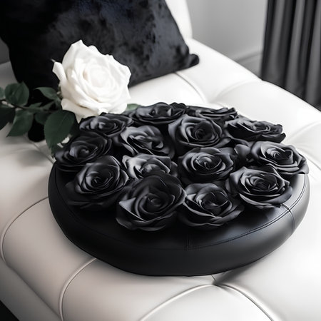 Black roses on a white leather sofa with a black pillow in the backgroundの素材