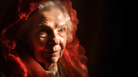 Portrait of an elderly woman in a red scarf. Toned.の素材