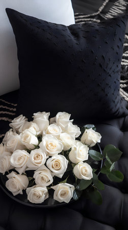 Bouquet of white roses on a black background with a black hatの素材