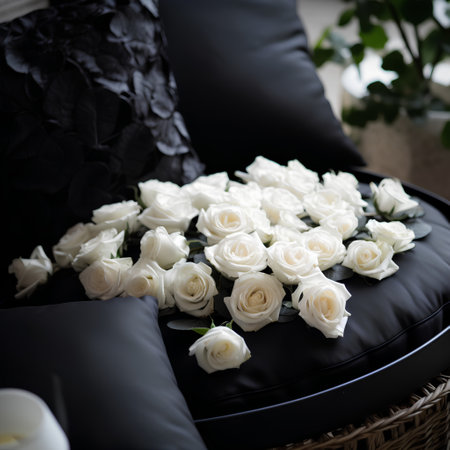 Beautiful white roses on a black pillow. Luxury interior.の素材