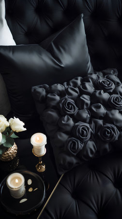 Black sofa with black pillows, candles and a bouquet of rosesの素材