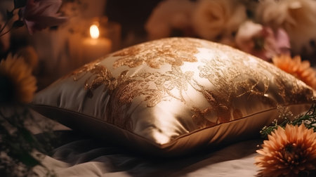 Pillow on a bed with flowers and candles in the backgroundの素材