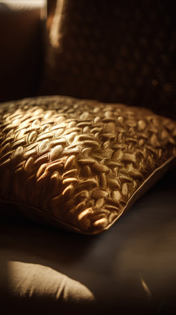 Close-up of a golden pillow on a bed. Selective focus.の素材