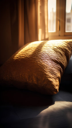 Close up of a double bed with golden pillows in the morning sunlightの素材