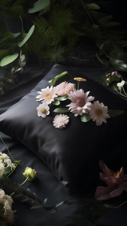 Beautiful bouquet of flowers on a black pillow. Black backgroundの素材