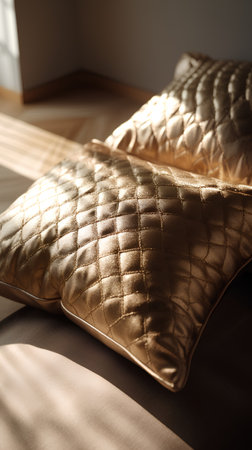 Luxury bed with golden pillows in the morning light.の素材