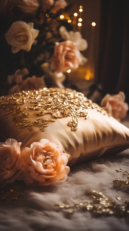 Beautiful luxury pillow and flowers on the bed. Selective focus.の素材