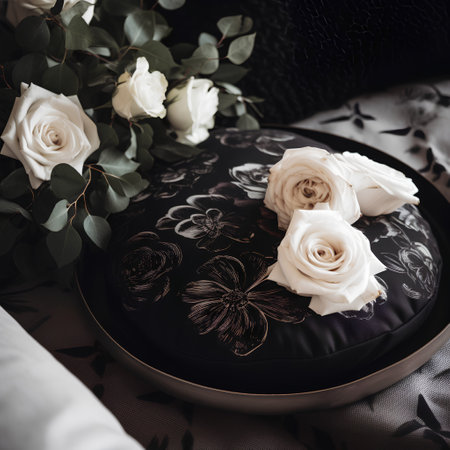 Beautiful bouquet of white roses on a black velvet pillow.の素材