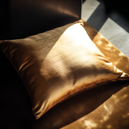 close up of golden pillows on a bed in the morning lightの素材