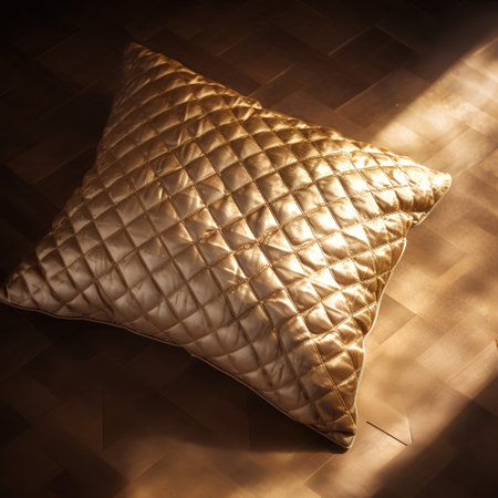 Close up of a golden pillow on a wooden floor in a roomの素材