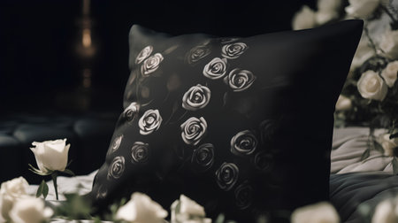 Black pillow and white roses on the bed. Black and white photo.の素材