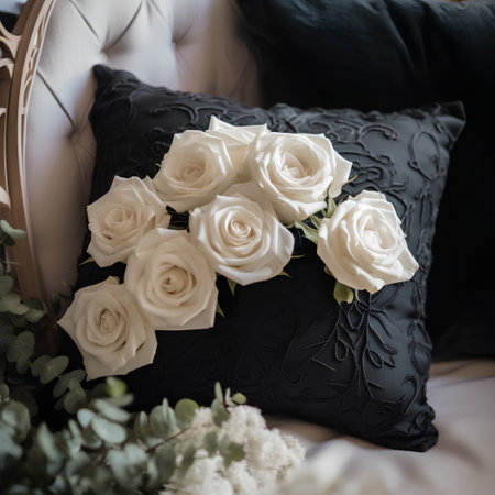 Wedding bouquet of white roses on a black velvet pillowの素材