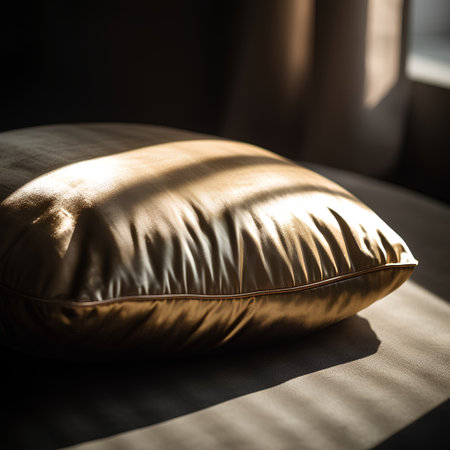 Close up of a golden pillow on a sofa in a living roomの素材