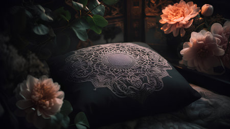 Luxury pillow on a bed with flowers in the background.の素材