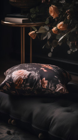 Close up of soft pillow on black sofa in living room with flowersの素材