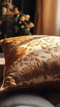 Close up of golden pillows on the bed. Selective focus.の素材