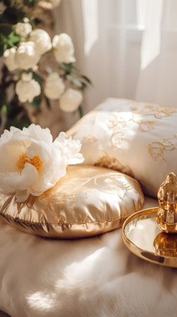 Comfortable pillow on bed with white peony flowers. Luxury bedroom interior.の素材