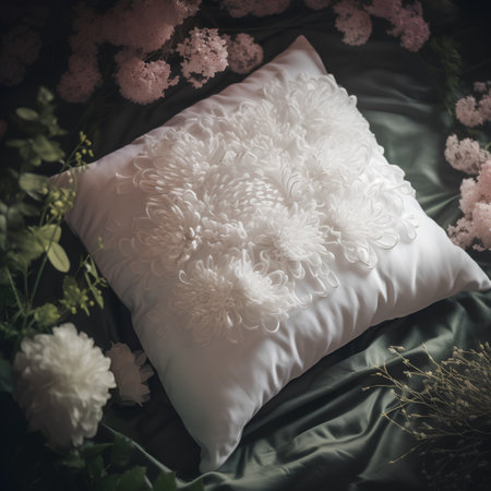 White pillow on the bed with bouquet of flowers, vintage toneの素材