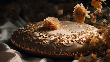 golden pillow with dahlias on a white silk tableclothの素材