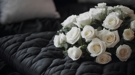 Wedding bouquet of white roses on a black bed.の素材