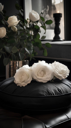Bouquet of white roses on black leather sofa in the roomの素材