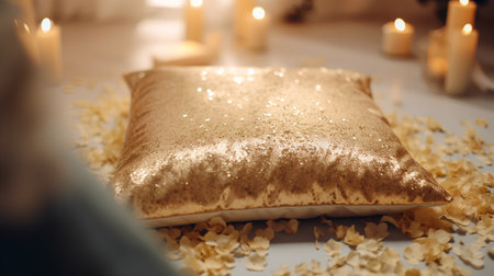 Close-up of a pillow on a table with candles in the backgroundの素材