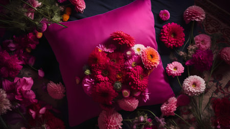 Bouquet of chrysanthemums and dahlias on a pillowの素材