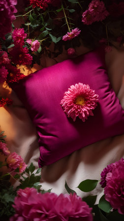 Pink pillow on the bed with a bouquet of chrysanthemumsの素材