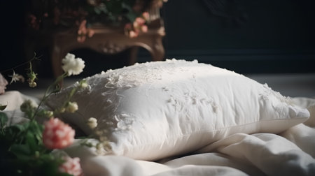 White pillow on the bed with flowers and a chair in the backgroundの素材