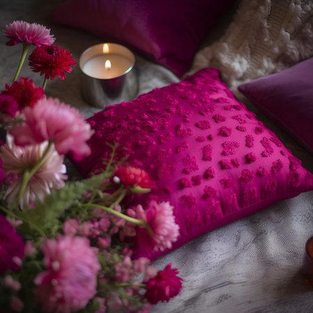 Pink pillows with a bouquet of flowers and a burning candleの素材