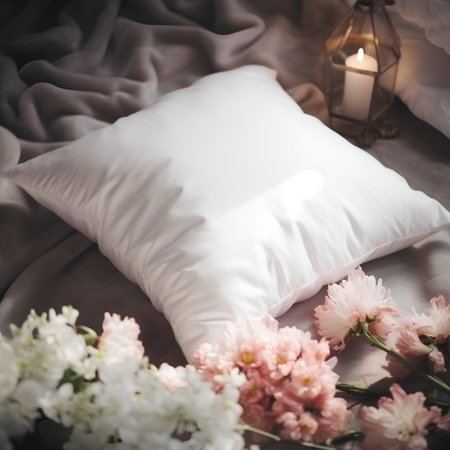 White pillow on a bed with a bouquet of flowers and a lanternの素材