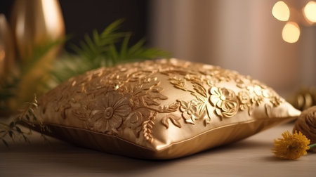 golden pillow with flowers and candles in the background, shallow dofの素材