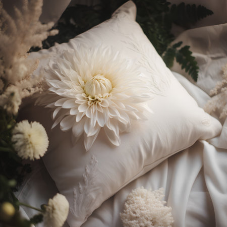 White dahlia flower on white pillow, soft focus background.の素材