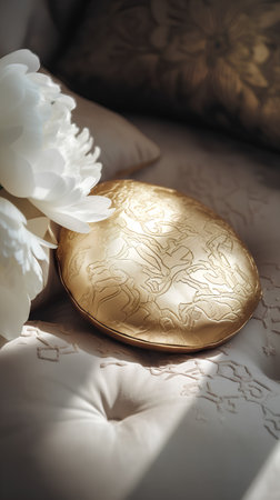 Luxury gold tray on the bed with white peony flowersの素材