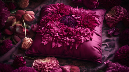 Beautiful bouquet of flowers with a pillow on a dark backgroundの素材